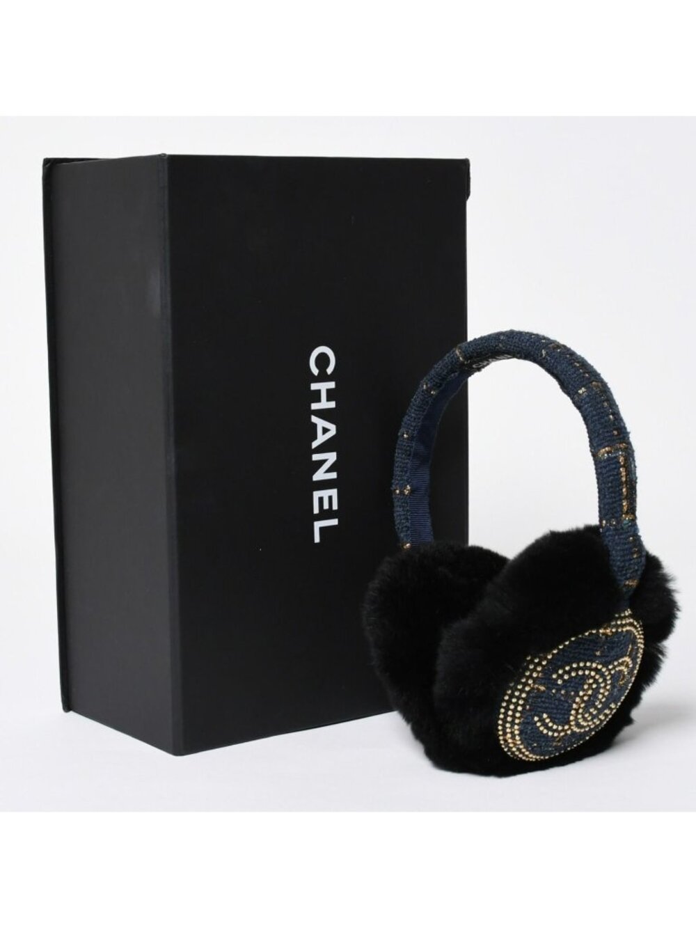 Chanel CC Ear Muffs CC Logo Tweed Rabbit Fur Navy Gold Multicolor